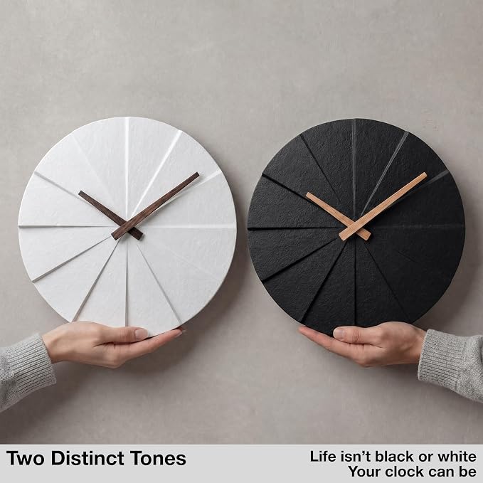 Driini Modern Wall Clock with No Numbers and Wooden Hands. Black,12.5 Inch | Silent battery operated quartz; frameless oversized polyresin face; decorative minimalist style for a living room or office.