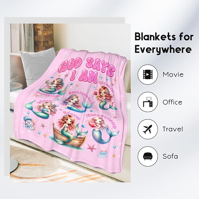 Mermaid Blanket for Girls, Mermaid Gifts, Party Decorations, God Says I Am, Cute Fleece Fuzzy Blanket for Couch Chair, 30"x40"