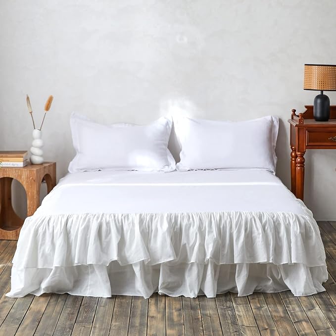 BISELINA White Ruffled Bed Skirt 22-Inch Tailored Drop Cotton Voile Dust Ruffle Soft Cozy Elegant Luxurious Bedding (22" Queen, White)