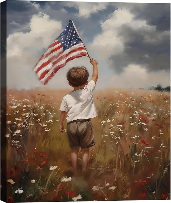 Framed American Flag Wildflower Field Wall Art, Patriotic Rustic Canvas Art Pictures, USA Flag Coastal Meadow Wall Decor, Made in USA Ready to Hang for Living Room Bedroom