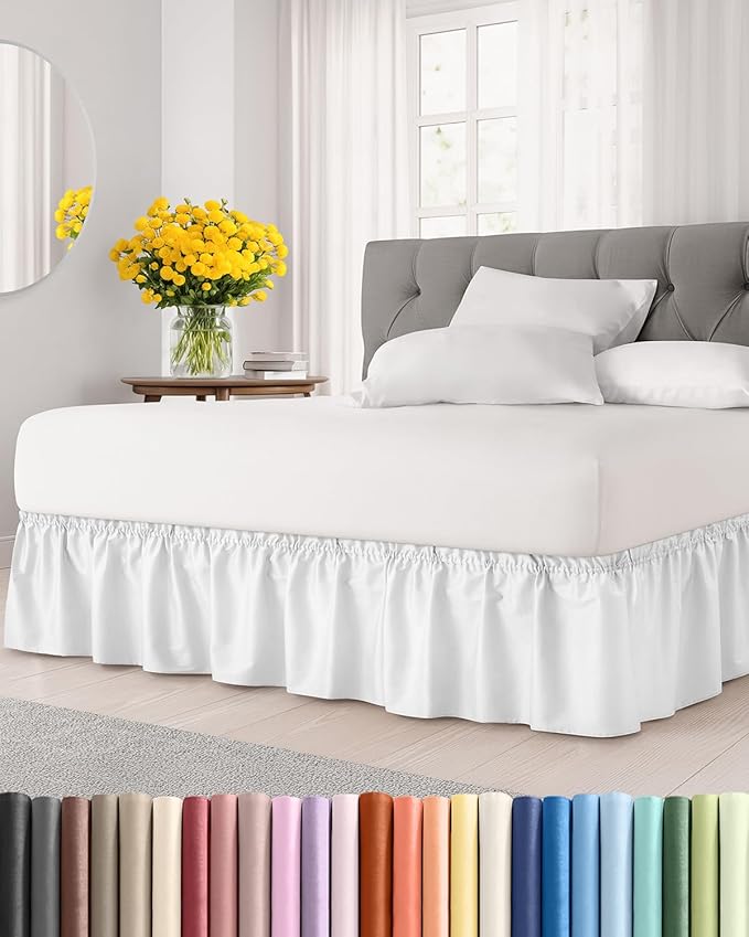 Wrap Around Dust Ruffle Bed Skirt, Full Size Beds - 18 Inch Drop, White | Easy Fit Elastic Strap, Adjustable Pleated Bedskirt w/Brushed Fabric, Wrinkle & Fade Free, for Women, Men, Kids & Teens
