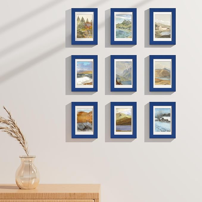Vittanly 4x6 Picture Frames Set of 9 for Wall or Tabletop Display, Blue | Display Pictures 3.5x5 with Mat or 4x6 without Mat, Small Photo Frames, Engineered Wood with Shatter Resistant Plexiglass