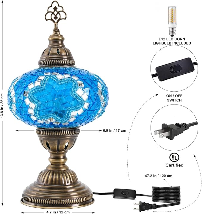 Turkish Mosaic Table Lamp with Bulb – Handmade Turquoise Blue Stained Glass Bedside Light, Authentic Vintage Boho Decor with E12 Socket & US Plug