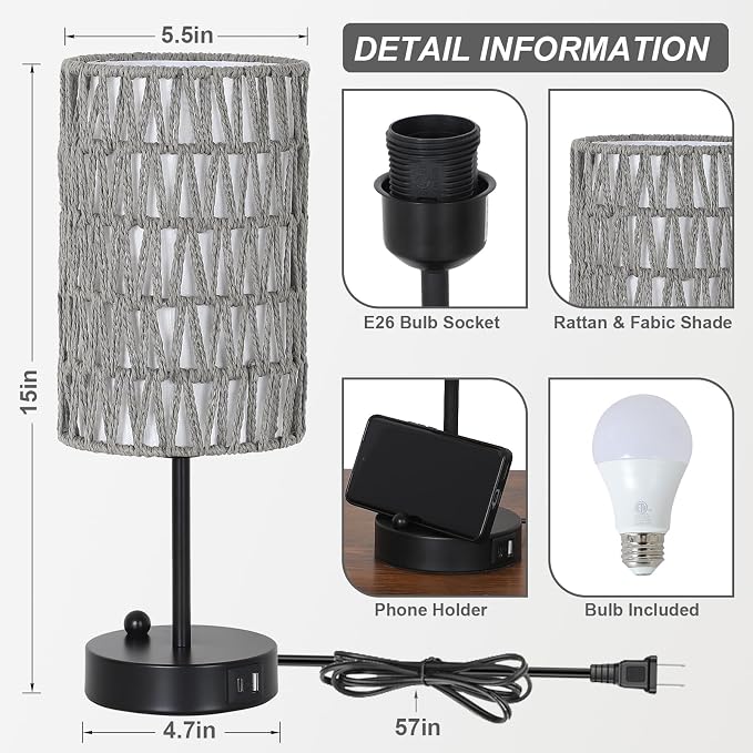 Gray Bedside Lamps Set of 2, Touch Control Night Stand Lamp for Bedroom with Rattan & Linen Shade & Bulbs, 3 Way Dimmable Small Boho Table Lamps with USB Charging Port & Phone Stand