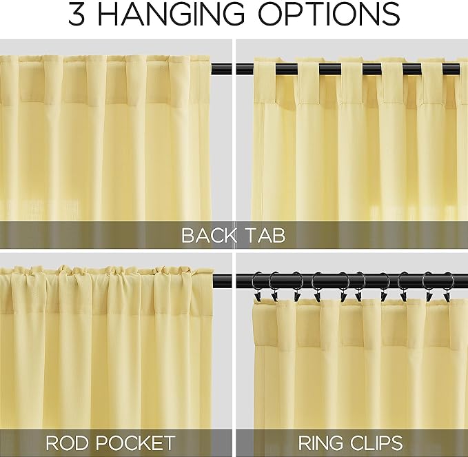 Yellow Linen Textured 96 Inch Curtains 2 Panel Set Back Tab Rod Pocket Sheer Light Filtering Boho Room Decor Aesthetic Curtain Burlap Look Curtain Drapes for Living Room Bedroom 8Ft 52x96 Inch