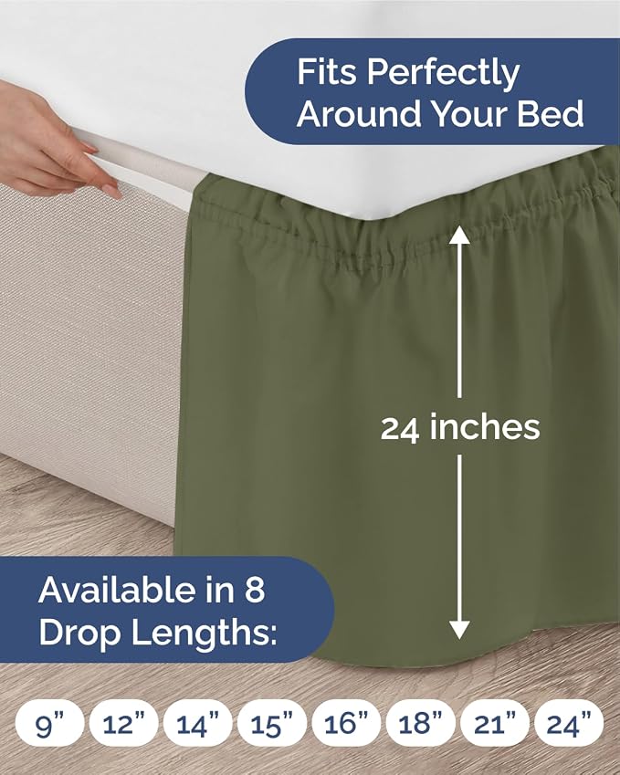 Wrap Around Dust Ruffle Bed Skirt, Full Size - 24 Inch Drop, Sage Green | Easy Fit Elastic Strap, Adjustable Pleated Bedskirt w/Brushed Fabric, Wrinkle & Fade Free, for Women, Men, Kids & Teens