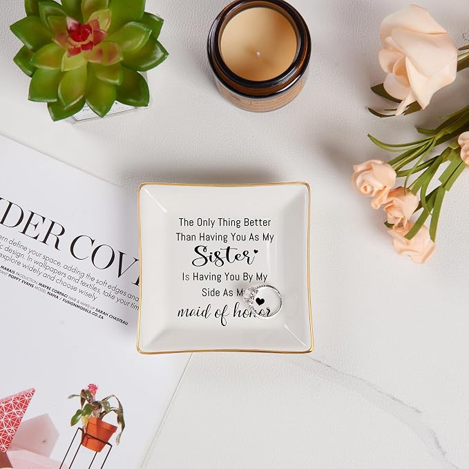 Piudee Bridesmaid Gifts Maid of Honor Proposal Gift Jewelry Dish Trinket Ring Tray - The Only Thing Better ... As My Maid of Honor, Wedding Day Party Gifts for Matron of Honor from Bride