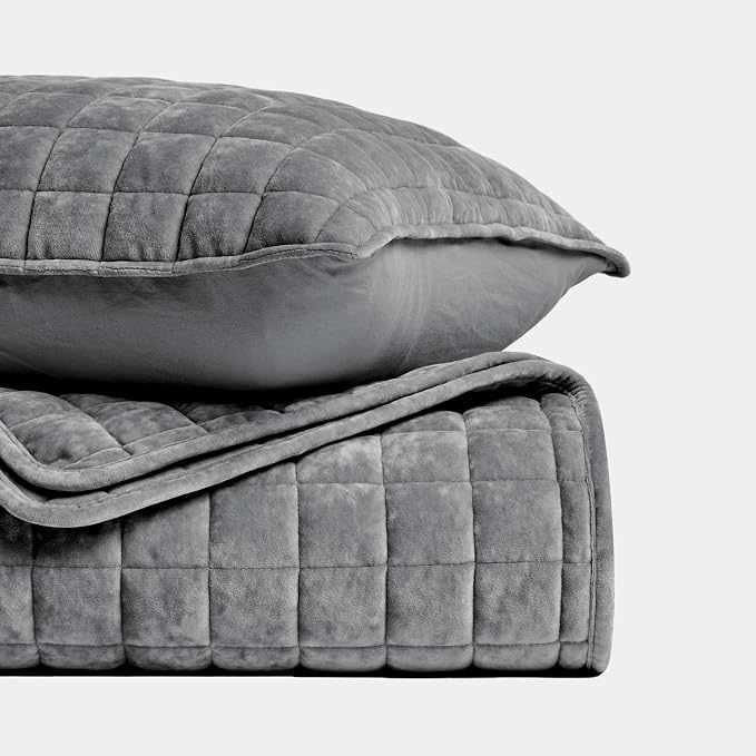 RECYCO Channel Box Stitch Velvet Quilt Set, King Size, Charcoal Gray | Ultra Soft Lightweight Velvet Comforter, Luxury Oversized Bedspread Coverlet, Quilted Bedding Set for All Season with 2 Shams