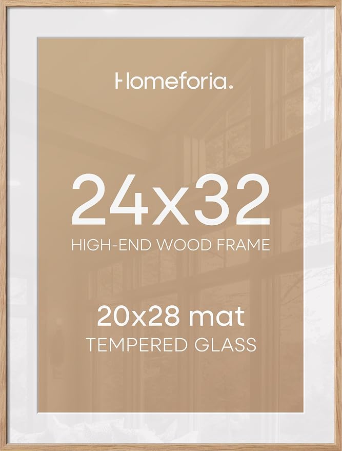 Homeforia 24x32 Natural Oak Poster Frame, High-End Wood, 20x28 Mat, Glass