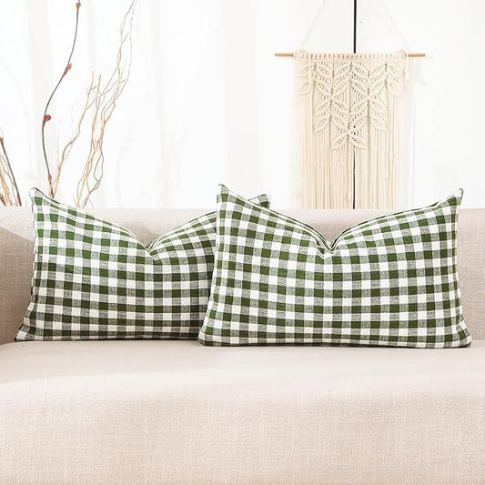 Spring Green Plaid Gingham Outdoor Lumbar Decorative Pillow Covers 12x20 | Couch Bed Lumbar Pillow Cover 12 x 20, Cojines De Otoño Para Sala, Aesthetic Spring Room Decor, Outdoor Porch Patio Pillows