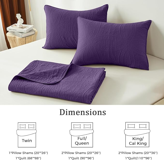 akkialla Purple Full/Queen Quilt Set, Ultrasonic Lightweight Bedspread Coverlet for Modern Minimalist Bedroom, Soft Microfiber Coin Pattern Bedding, 3-Piece (1 Quilt, 2 Pillow Shams) | Breathable fabric