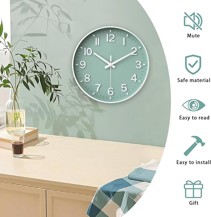 HZDHCLH 12 Inch Silent Wall Clock Battery Operated Non Ticking Mint Green | 12 inch Wall Clock Silent Non Ticking Modern 3D Numbers for Kitchen Bedroom Living Room Office Classroom Decor
