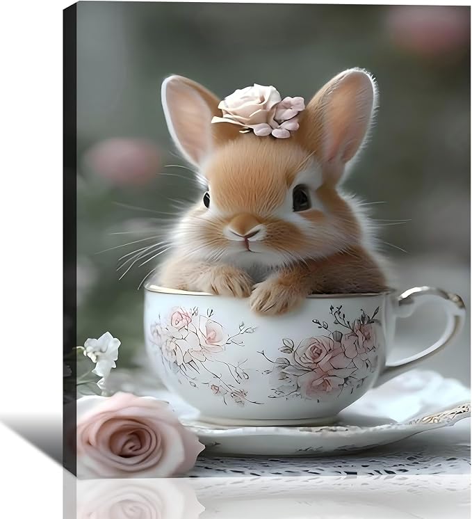 Bunny in a Teacup Easter Framed Canvas Wall Art, Cute Rabbit Pictures Prints for Kitchen, Bright Spring Canvas Art & Holiday Home Office Wall Decoration, Ready to Hang, 8x12