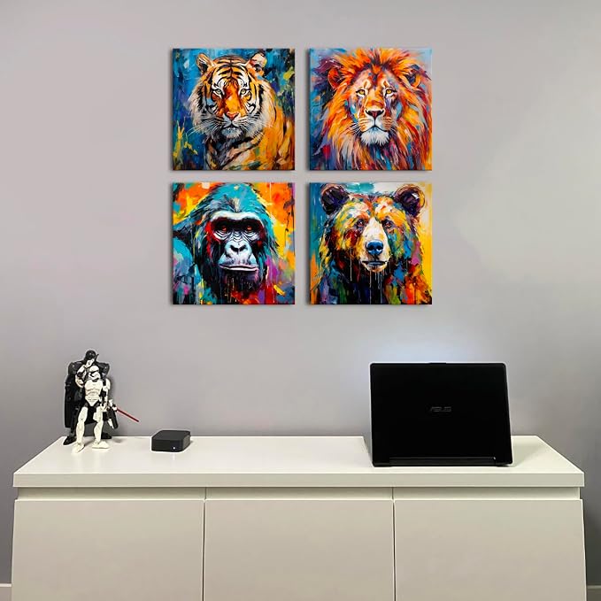 Graffiti Lion Wall Art Colorful Animals Pictures for Living Room Texture Chimpanzees Bear Tiger Wall Decor Kids Bedroom Abstract Forest Wildlife Artwork Living Room Nursery Home Decorations 12x12" 4P