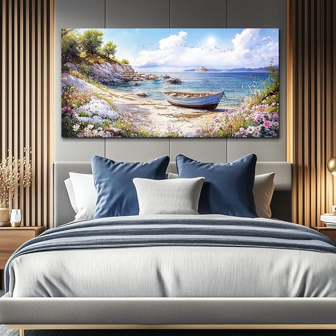 QIYILEXWART Canvas Wall Art For Living Room Large Wall Decor For Office Bedroom Decorations Seaside Landscape Pictures Boat Painting Artwork Room Wall Mural Aesthetic Home Decor 30x60 In