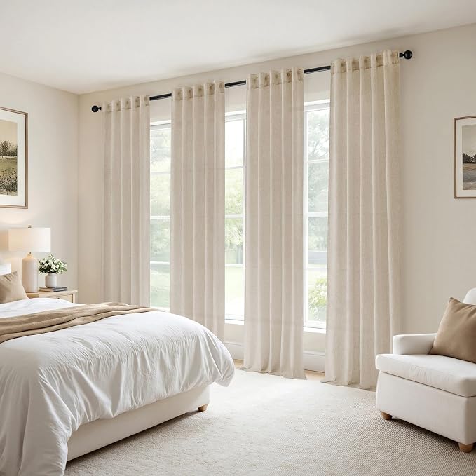 MIULEE Oatmeal Back Tab Linen Curtains 4 Panels 42W x 102L | Linen material, light filtering, rod pocket back tab hanging, farmhouse decor for living room bedroom