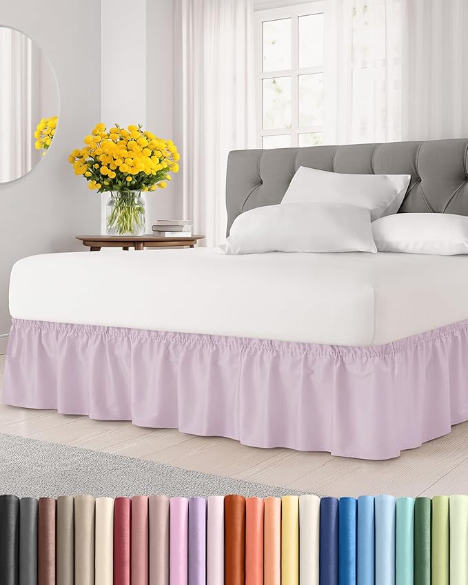Wrap Around Dust Ruffle Bed Skirt, King Size - 15 Inch Drop, Light Lavender | Easy Fit Elastic Strap, Adjustable Pleated Bedskirt w/Brushed Fabric, Wrinkle & Fade Free, for Women, Men, Kids & Teens
