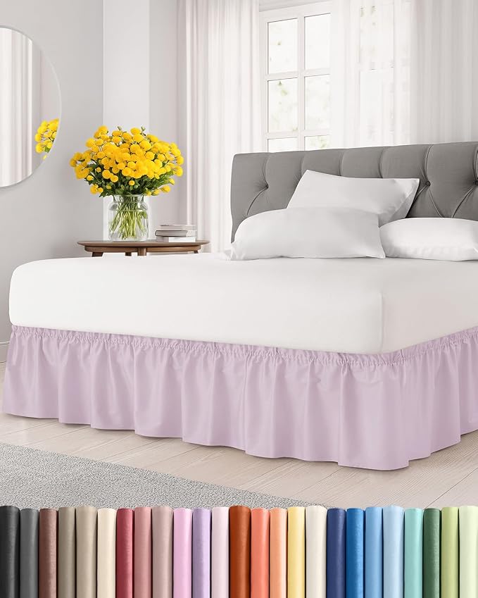 Wrap Around Dust Ruffle Bed Skirt - College Dorm Room - Twin/Twin XL | Light Lavender, 12 Inch Drop, Elastic Strap & Adjustable Pleated Bedskirt, Wrinkle Free, for Women, Men, Students & Teens