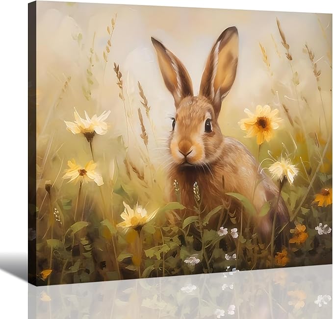 Field Floral Easter Bunny Framed Canvas Wall Art, Easter Themed Landscape Painting Print for Enterway, Fireplace,Rabbit Canvas Art & Holiday Office Home Decor, Ready to Hang