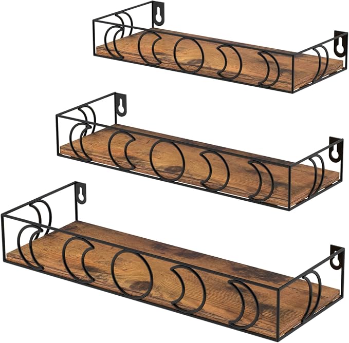 PHAREGE Moon Phase Floating Shelves Brown Black Set of 3
