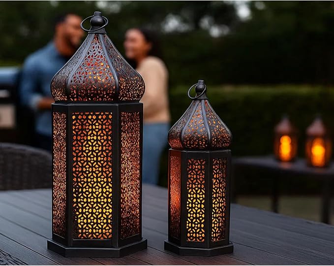 Vela Lanterns Decorative Indoor Black Moroccan Temple Lanterns, Set of 2