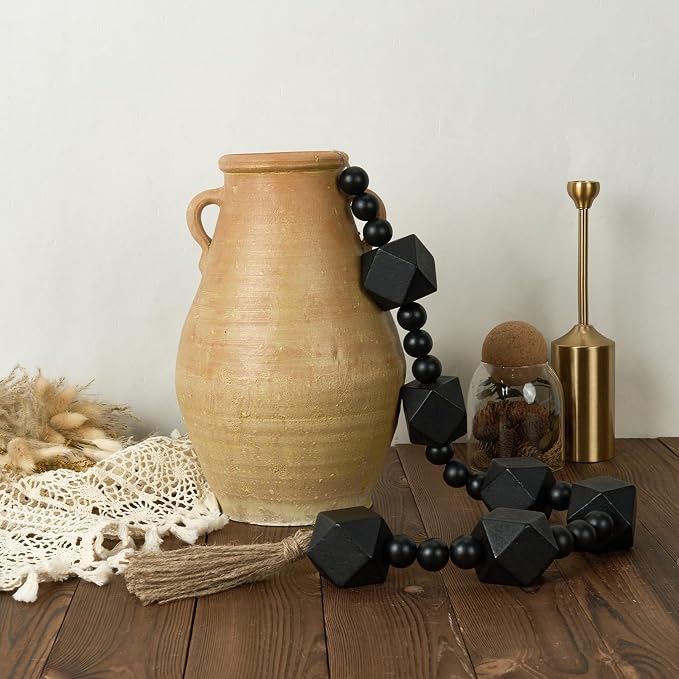 2" Octagonal Extra Large Wood Bead Garland with Tassels, 42" Long Rustic Farmhouse Wooden Beads Garland with Tassels, Decorative Beads Boho Decorations for Home Table Mantle Black