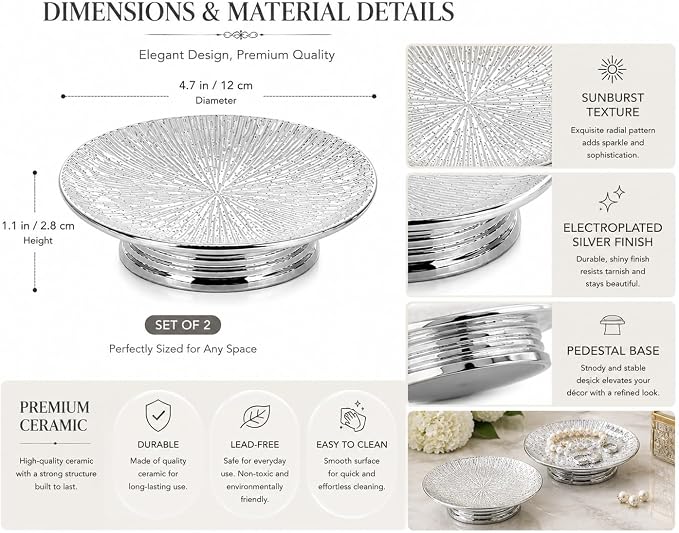 Silver Ceramic Decorative Tray Set of 2, Electroplated Sunburst Jewelry Trays, Pillar Candle Holder Plates, Soap Dishes & Trinket Trays for Bathroom, Vanity, Bedroom & Home Decor
