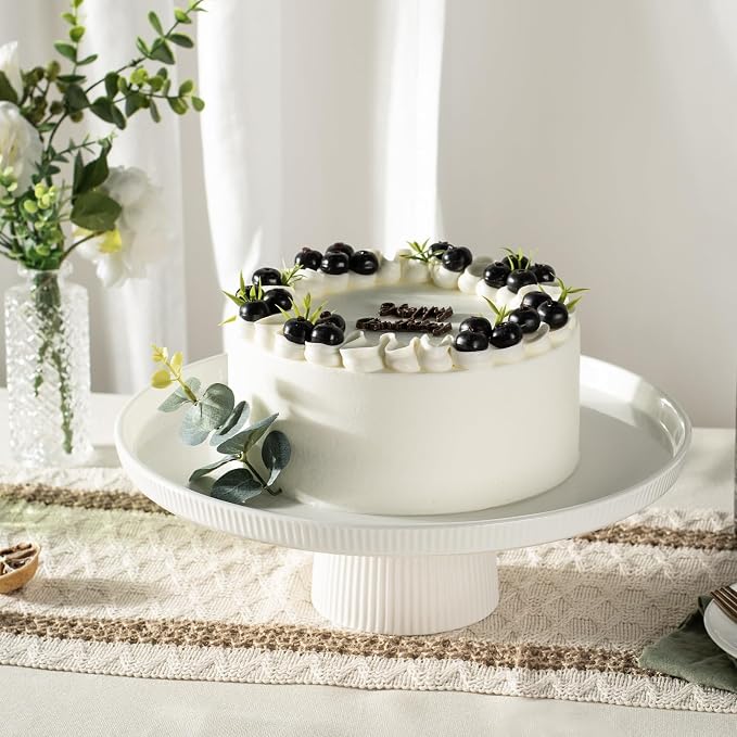 10 Inch Ceramic Cake Stand - Elegant White Pedestal Cake Plate with Non-Slip Base for Wedding, Birthday, Baby Shower, Cupcake and Dessert Table Display, Food-Safe Round Cake Platter