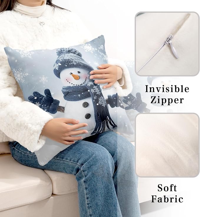 Blue Snowman Pillow Covers Set of 2 Winter Pillow Covers 20x20 Holiday Decorative Throw Pillows Protector Cotton Blend for Indoor Couch Patio