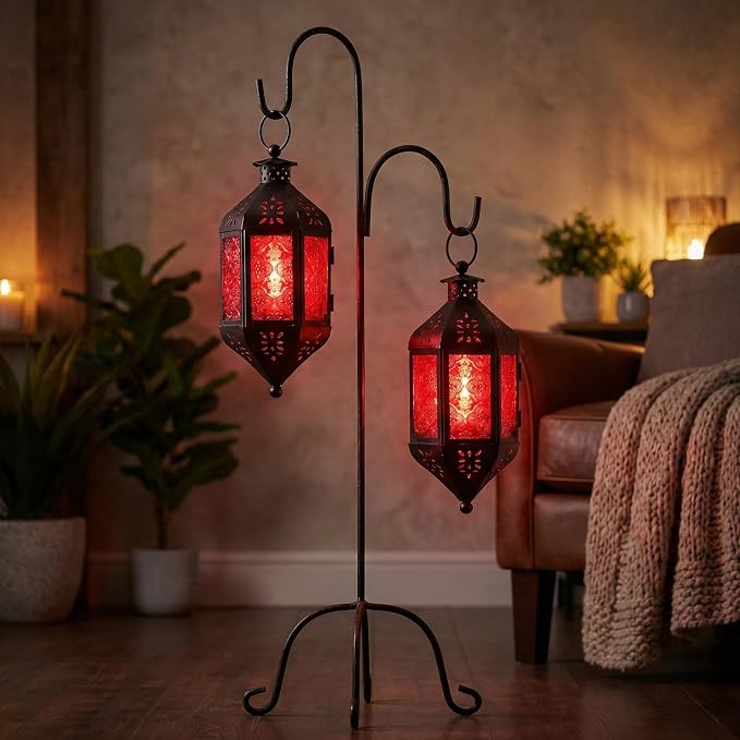 Vela Lanterns Hanging Moroccan Lamp - Exotic Decorative Patio & Porch Decor, Indoor Outdoor Tea Light Candle Lantern Holder with Chain (11" Medium, Red Glass)