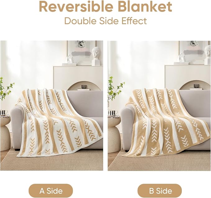 Snuggle Sac Beige Boho Throw Blanket, 50x60 Soft Reversible Fuzzy Knit Throw for Couch, Sofa, Bed, Travel, Cozy Plush Microfiber Blanket for Neutral Home Decor & Gifts