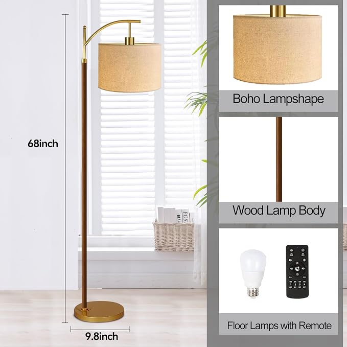 ILLMTW Wood Floor Lamp for Living Room,Bedroom,Vintage Mid Century Modern Standing Lamp with Remote Dimmable,Arc Boho Gold Tall Lamp Fabric Lamp Shade Floor Lights Bohemian Tiffany Style