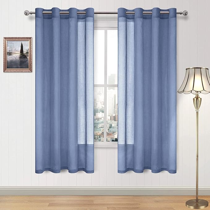 DWCN Sheer Curtains for Living Room Bedroom - Faux Linen Look Voile Drapes Grommet Top Window Curtain Panel 52 x 63 Inches Long, Dusty Blue, Set of 2 Panels
