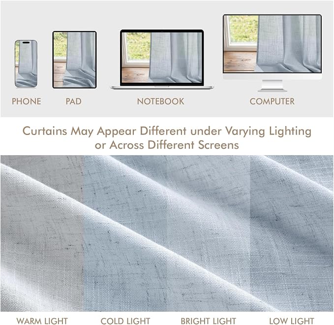 MIULEE Blue Back Tab Linen Curtains 4 Panels 42W x 108L | Linen material, light filtering, rod pocket back tab hanging, farmhouse decor for living room bedroom