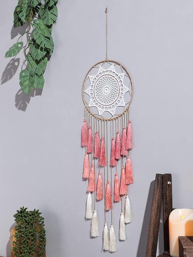 Artilady Macrame Dream Catcher Wall Hanging, Pink Large Boho Bedroom Decor