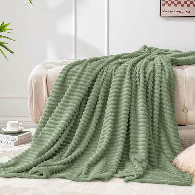 BEDELITE Ribbed Sage Grey Green Fleece Throw Blanket for Couch, 50x60 Inch | Soft Warm Decorative Fluffy Blanket, Cozy Plush Lightweight Fuzzy Throw Blanket for Bed Sofa Home Room Decor, Gift for Women