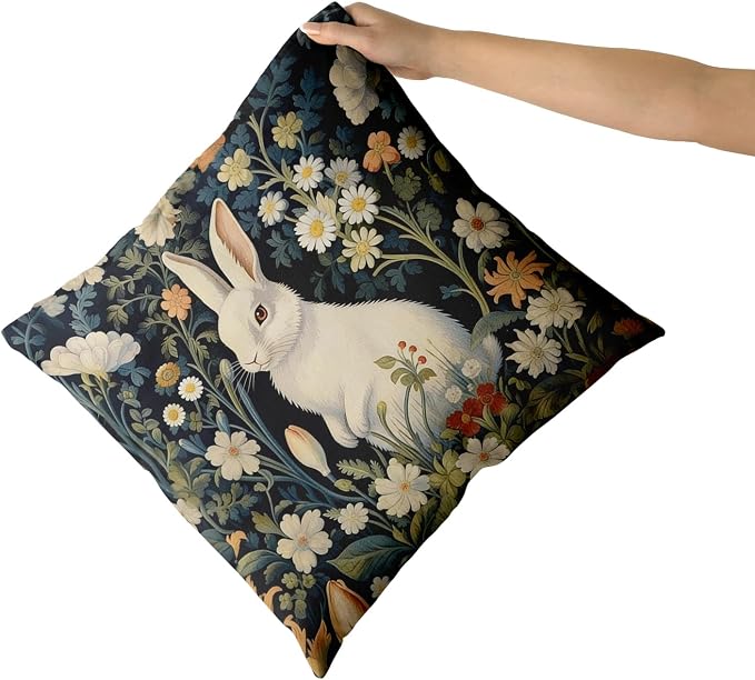 Giwawa 2PCs Easter Bunny Pillow Covers 16"x16" Cute Rabbit Boho Flowers Square Pillowcases Black Spring Floral Wildflower Cotton Throw Cushion Covers for Sofa Couch Patio Indoor Outdoor Decor