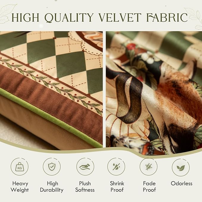 Vintage Christmas Pillow Cover 18x18, Checkered Deer | Designer High End Deer Pillow Cover, Green Velvet Throw Pillow Decorative for Couch Sofa Bedroom Home Holiday