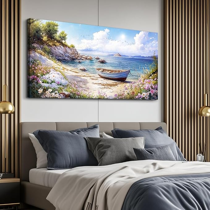 QIYILEXWART Canvas Wall Art For Living Room Wall Decor For Bedroom Office Wall Decoration Seaside Landscape Painting Boat Pictures Artwork Room Aesthetic Home Decor 20x40 In