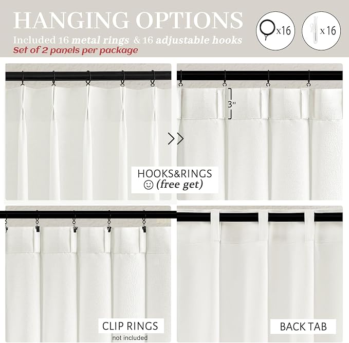 Custom Pure White Semi Sheer Linen Floor to Ceiling 105 Inch Curtains for Dining Room 2 Panels Set, Neutral Pinch Pleat Privacy Drapes Let the Light In Cute Kids Room Curtain for Large Windows 8-3/4FT