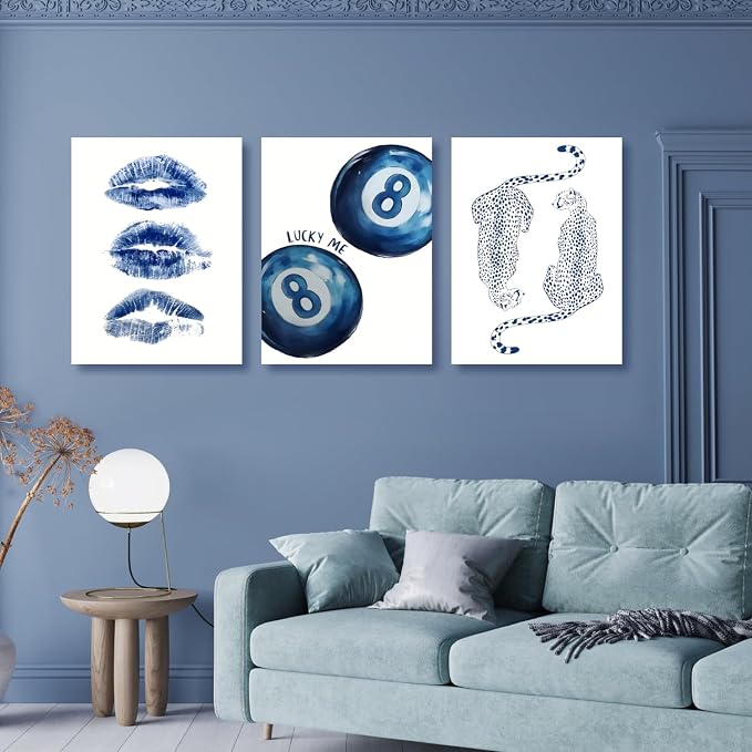 GELDSTEI Wrapped Canvas Blue Leopard 8 Ball Wall Art Set of 3, 12x16 in | Blue Modern Lips Lucky 8 Ball Leopard Print Wall Decor, Bold Fun Gift for Teens and Animal Lovers