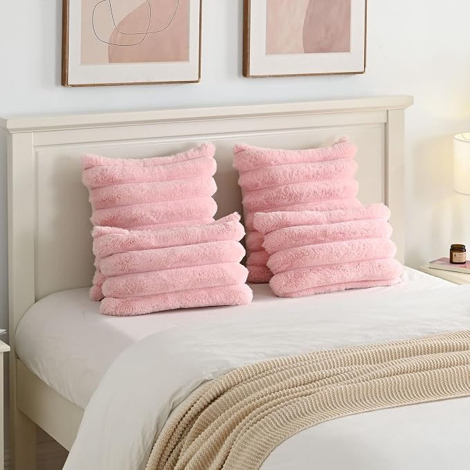 HAUSSY Pack of 2 Pillow Covers 16x16 Inch, Faux Fur Decorative Couch Throw Pillows Soft Striped Plush Cushion Covers Home Decor Cute Furry Pillowcase for Living Room Sofa Bed, Pink (Covers Only)