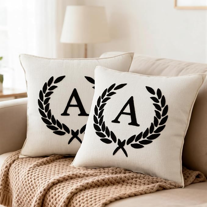 Pack of 2 Chenille Initials Pillowcases 18x18 inch Cream White