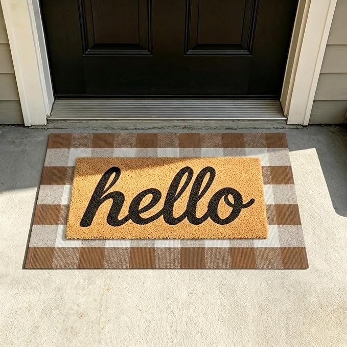 SEEKSEE Buffalo Plaid Outdoor Rug 27.5x43 Coffee and White Front Door Mat, Layering Rug for Porch, Fall Doormat, Front Porch Rug for Outdoor Entrance Entryway Patio Porch Decor