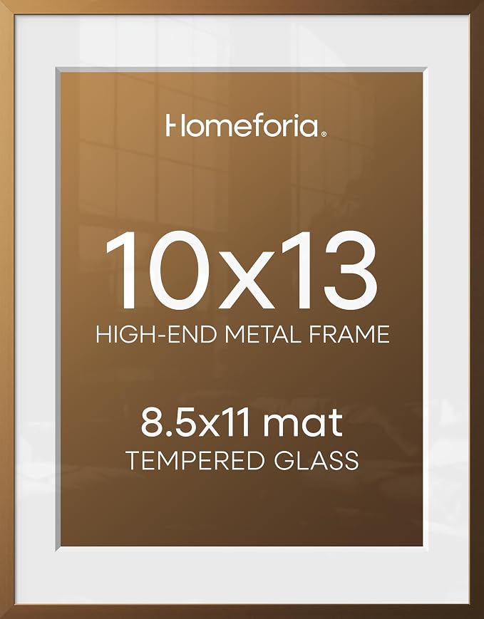 Homeforia 10x13 Bronze Picture Frame, High-End Metal, 8.5x11 Mat, Glass
