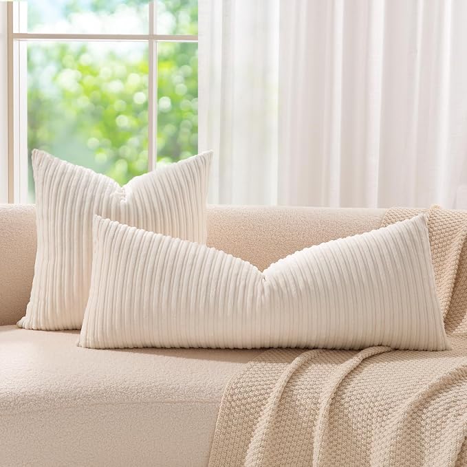 Kevin Textile Striped Corduroy 14”x36” Pillow Cover 1 Pack, Cream White