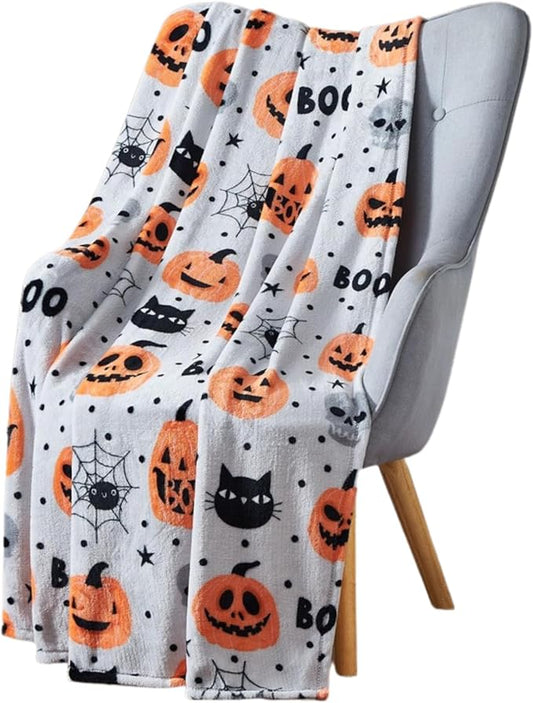 Halloween Fleece Throw Blanket, BOO, Cute Cats & Pumpkins, on Gray, 50x70 | Ultra-soft cozy flannel fleece, for sofa bed couch chair & dorms, spooky Halloween décor, durable and machine washable.