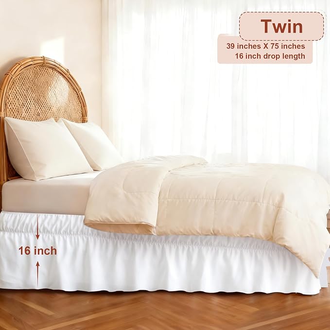 Twin Bed Skirt with Elastic Strap, Wrap Around Dust Ruffle with 16" Drop | Easy to Install on Bed Bases & Frames, Wrinkle-free, Machine Washable, Hotel Quality, White