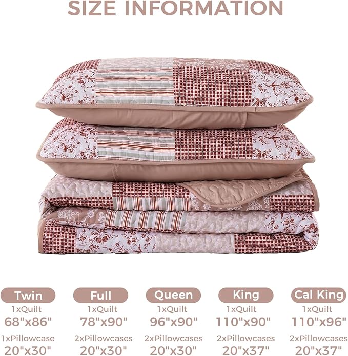 Mybedsoul Boho Quilts Queen Size, Patchwork Floral Bedding Set, Pink | Soft Lightweight Microfiber Coverlet Set, 3 Pieces Plaid Reversible Bedspread, Bed Sets for All Seasons 96"x90"