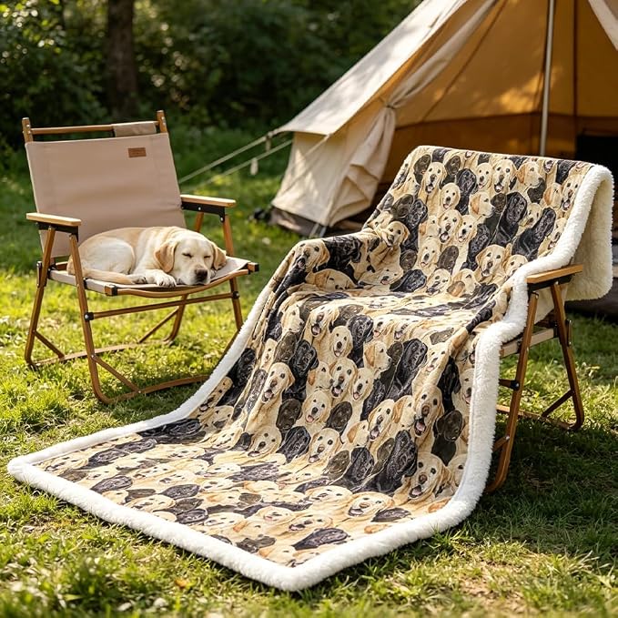 BlessLiving Throw Blanket, Dog Black Animal Puppy, 50x60 in | sherpa fleece fabric, Labrador Retriever Dense Golden Pet Blankets print, for couch or sofa, pet lovers, easy machine care